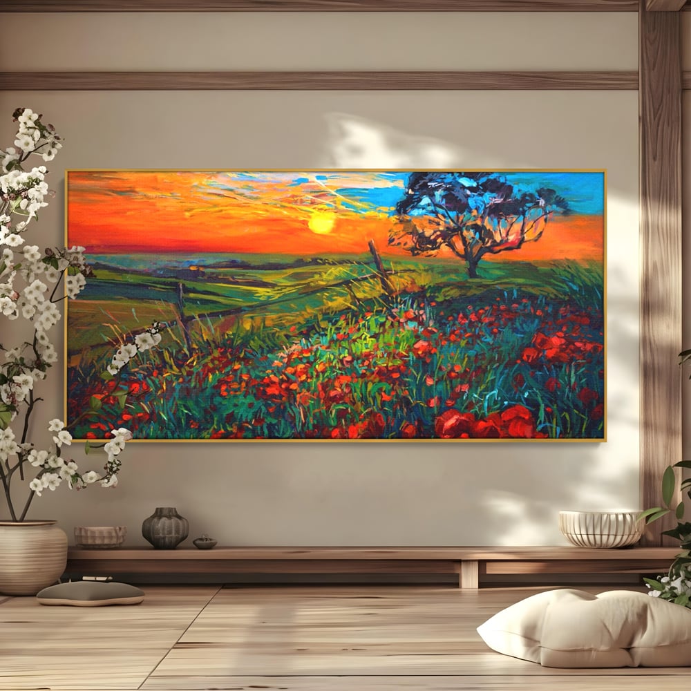 Tablou Canvas Premium LuxCanva® A1276, Flori La Apus, Living, Maci, Soare, Cer, Camp, Dormitor, Culori Vibrante