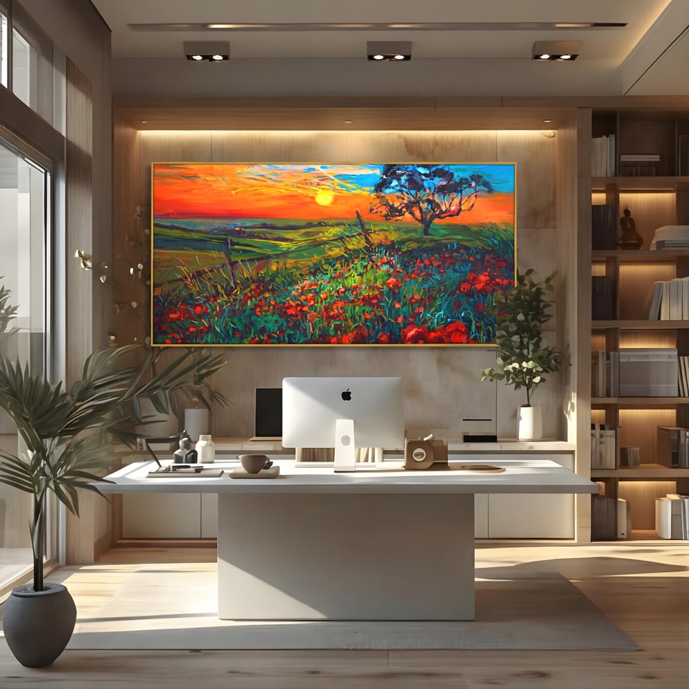 Tablou Canvas Premium LuxCanva® A1276, Flori La Apus, Living, Maci, Soare, Cer, Camp, Dormitor, Culori Vibrante