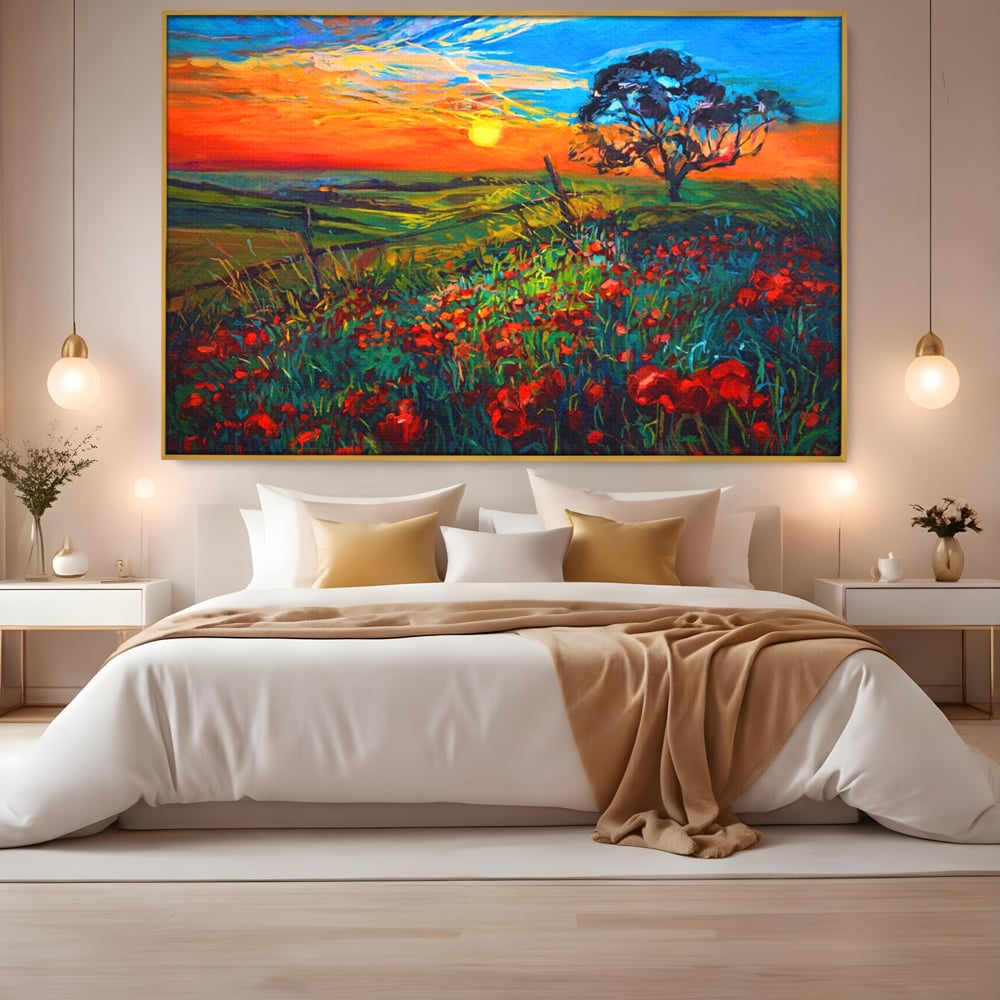 Tablou Canvas Premium LuxCanva® A1276, Flori La Apus, Living, Maci, Soare, Cer, Camp, Dormitor, Culori Vibrante