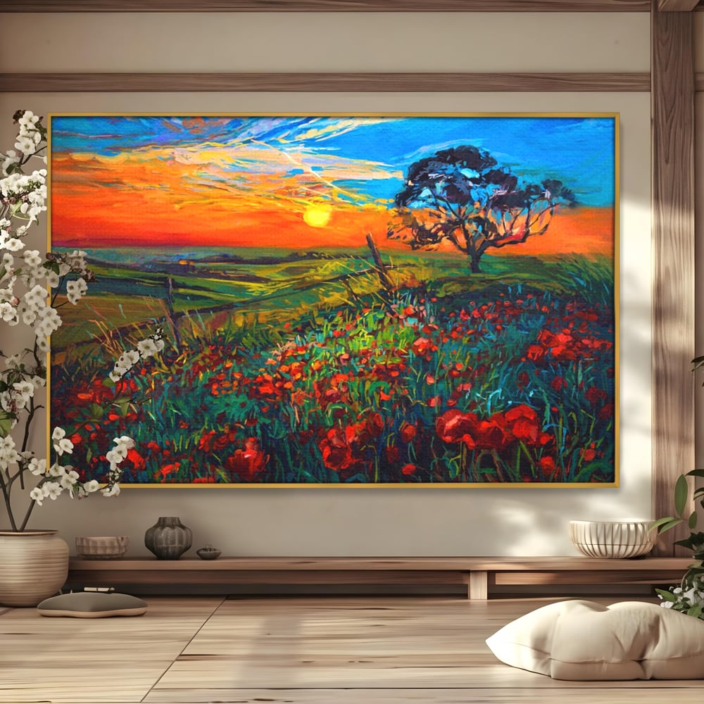 Tablou Canvas Premium LuxCanva® A1276, Flori La Apus, Living, Maci, Soare, Cer, Camp, Dormitor, Culori Vibrante