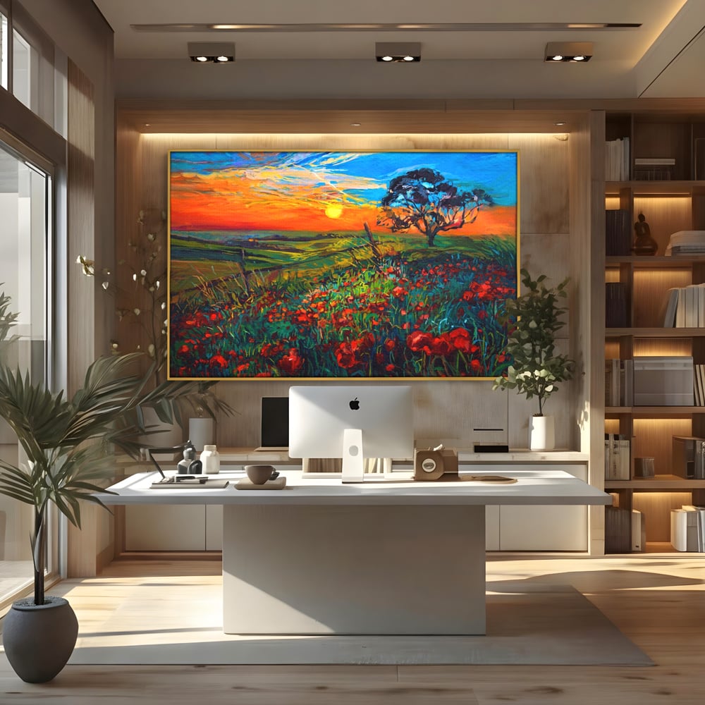 Tablou Canvas Premium LuxCanva® A1276, Flori La Apus, Living, Maci, Soare, Cer, Camp, Dormitor, Culori Vibrante
