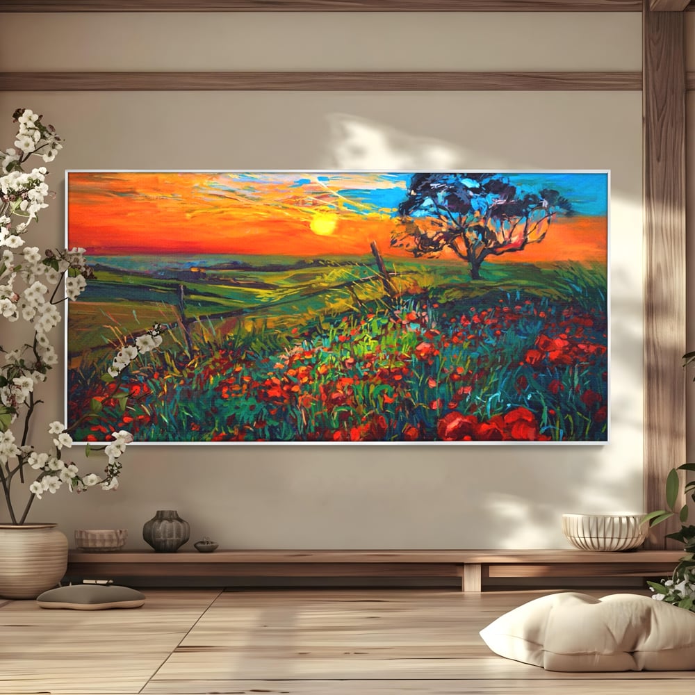 Tablou Canvas Premium LuxCanva® A1276, Flori La Apus, Living, Maci, Soare, Cer, Camp, Dormitor, Culori Vibrante