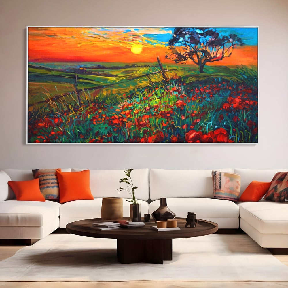 Tablou Canvas Premium LuxCanva® A1276, Flori La Apus, Living, Maci, Soare, Cer, Camp, Dormitor, Culori Vibrante