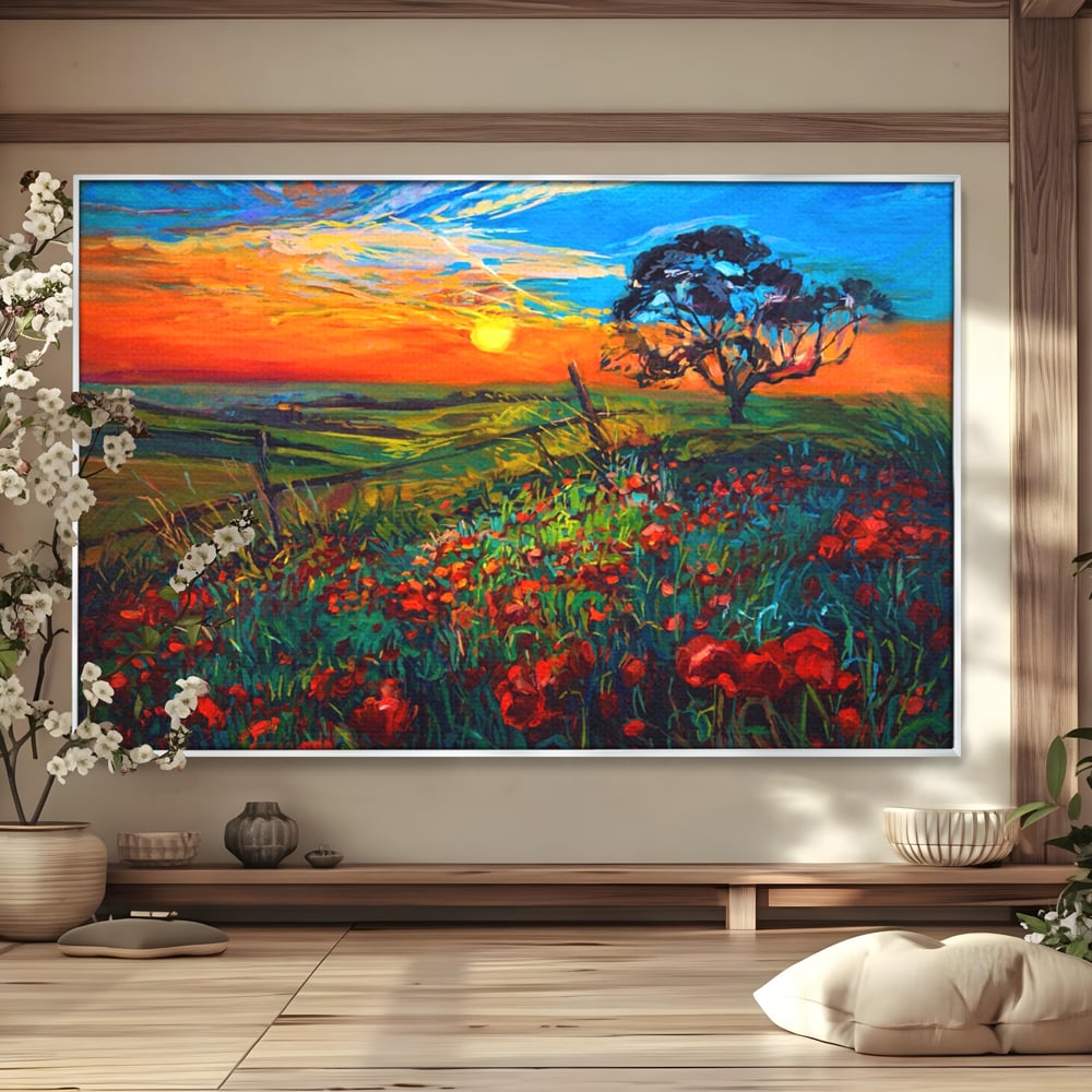 Tablou Canvas Premium LuxCanva® A1276, Flori La Apus, Living, Maci, Soare, Cer, Camp, Dormitor, Culori Vibrante