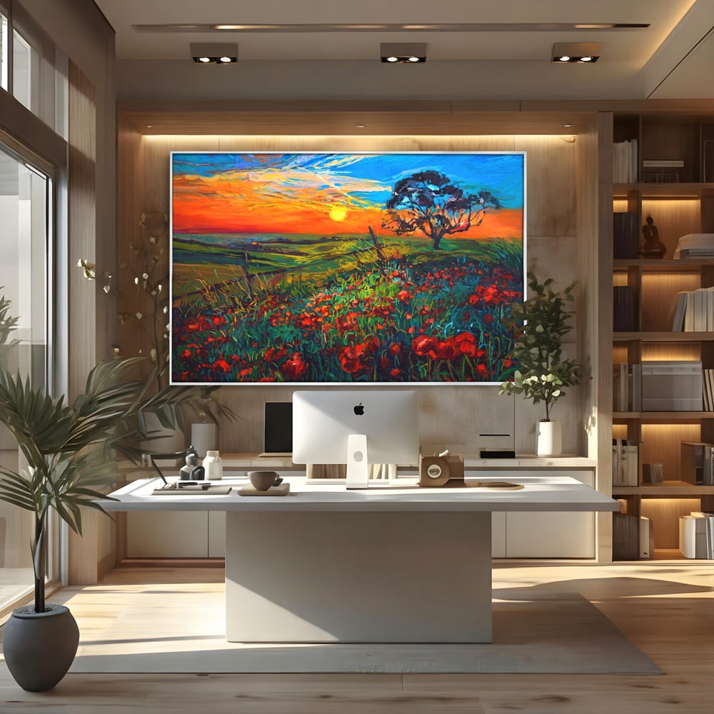 Tablou Canvas Premium LuxCanva® A1276, Flori La Apus, Living, Maci, Soare, Cer, Camp, Dormitor, Culori Vibrante