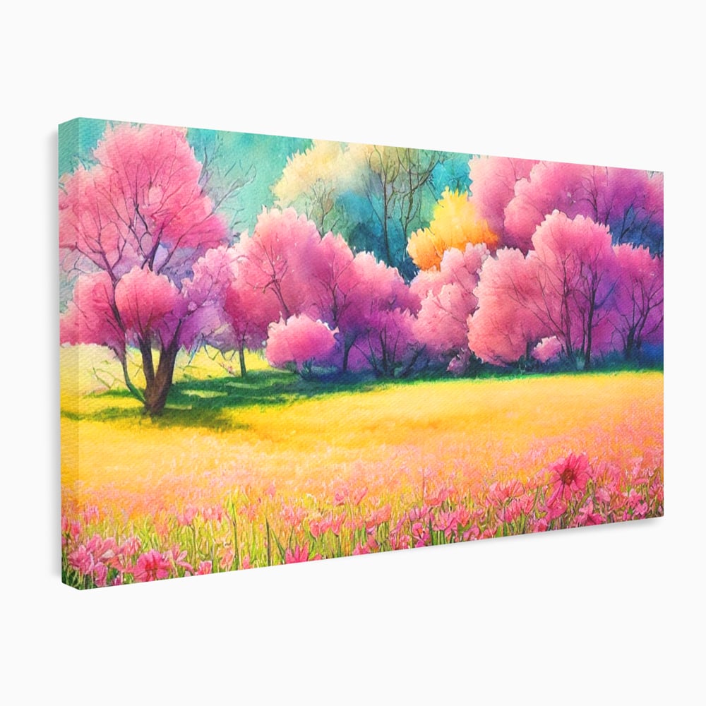 Tablou Canvas Premium LuxCanva® A1277, Copaci Roz, Living, Flori, Campie, Arbori, Cer, Dormitor, Culori Vibrante