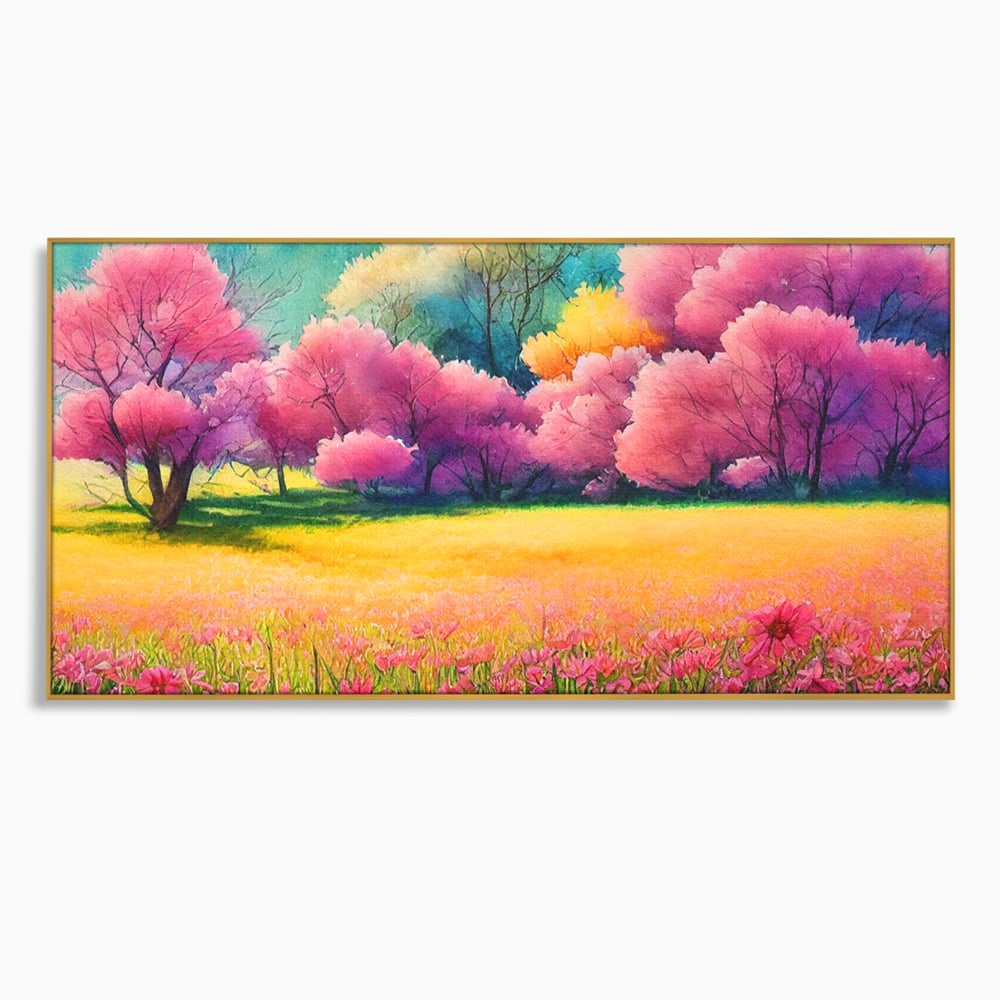 Tablou Canvas Premium LuxCanva® A1277, Copaci Roz, Living, Flori, Campie, Arbori, Cer, Dormitor, Culori Vibrante