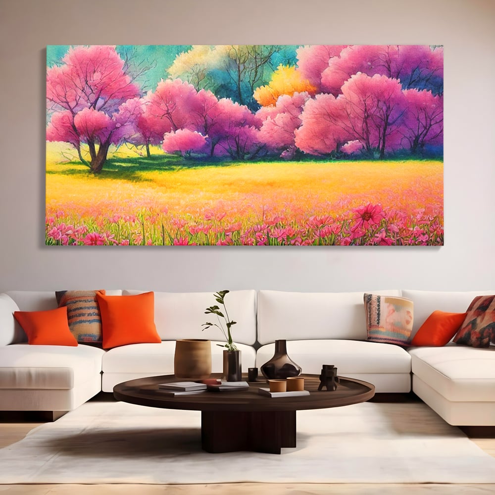 Tablou Canvas Premium LuxCanva® A1277, Copaci Roz, Living, Flori, Campie, Arbori, Cer, Dormitor, Culori Vibrante