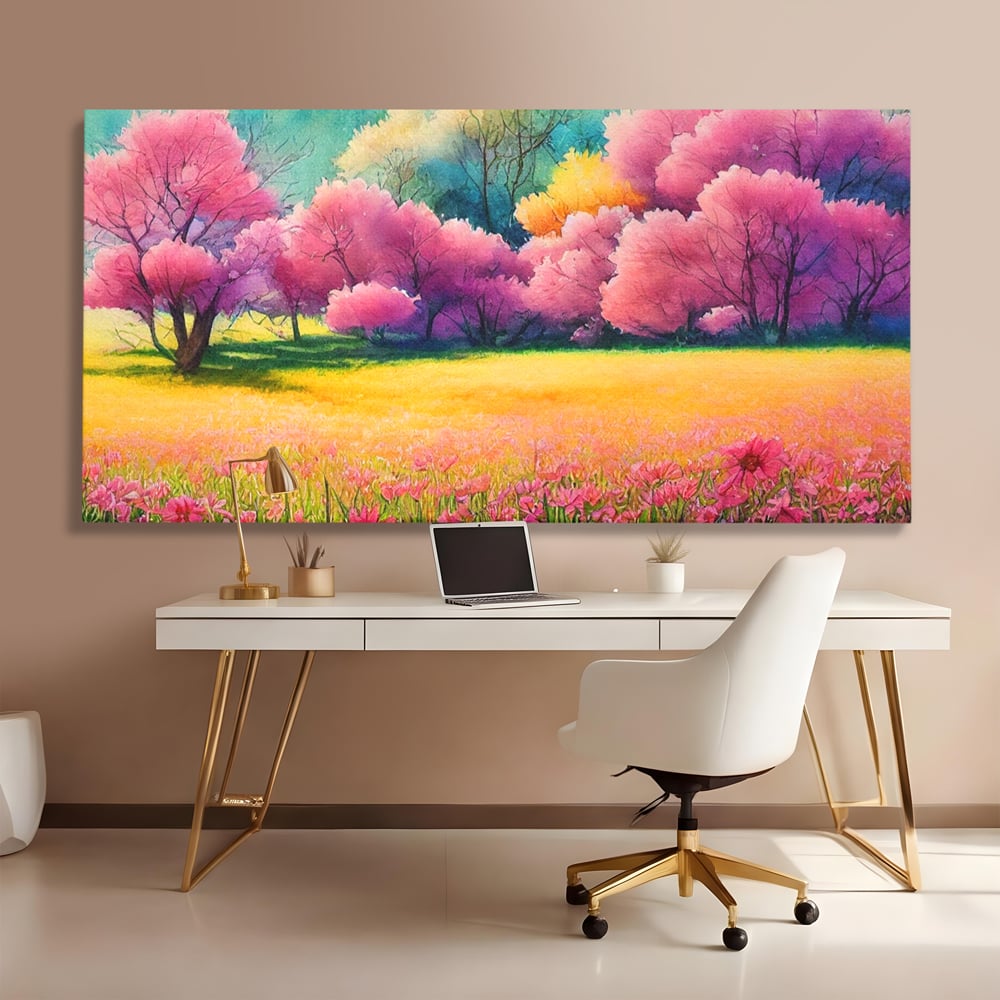Tablou Canvas Premium LuxCanva® A1277, Copaci Roz, Living, Flori, Campie, Arbori, Cer, Dormitor, Culori Vibrante