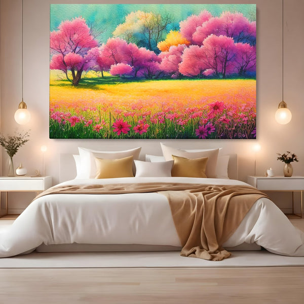 Tablou Canvas Premium LuxCanva® A1277, Copaci Roz, Living, Flori, Campie, Arbori, Cer, Dormitor, Culori Vibrante
