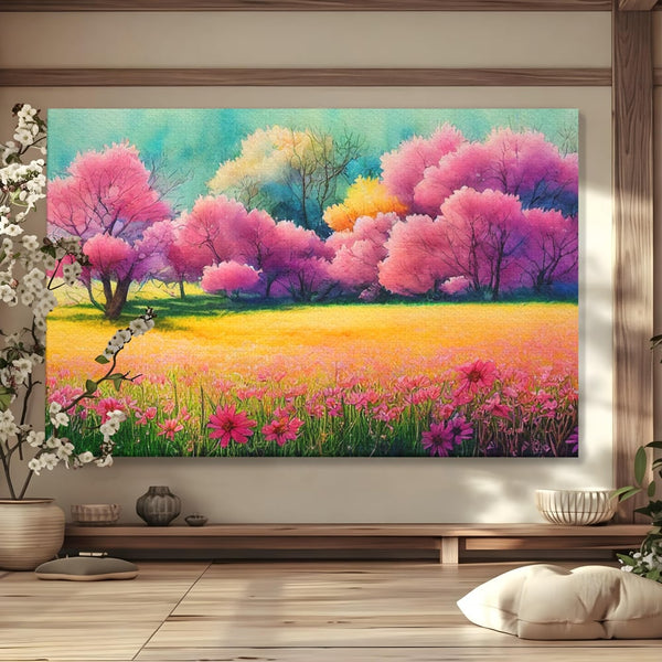 Tablou Canvas Premium LuxCanva® A1277, Copaci Roz, Living, Flori, Campie, Arbori, Cer, Dormitor, Culori Vibrante