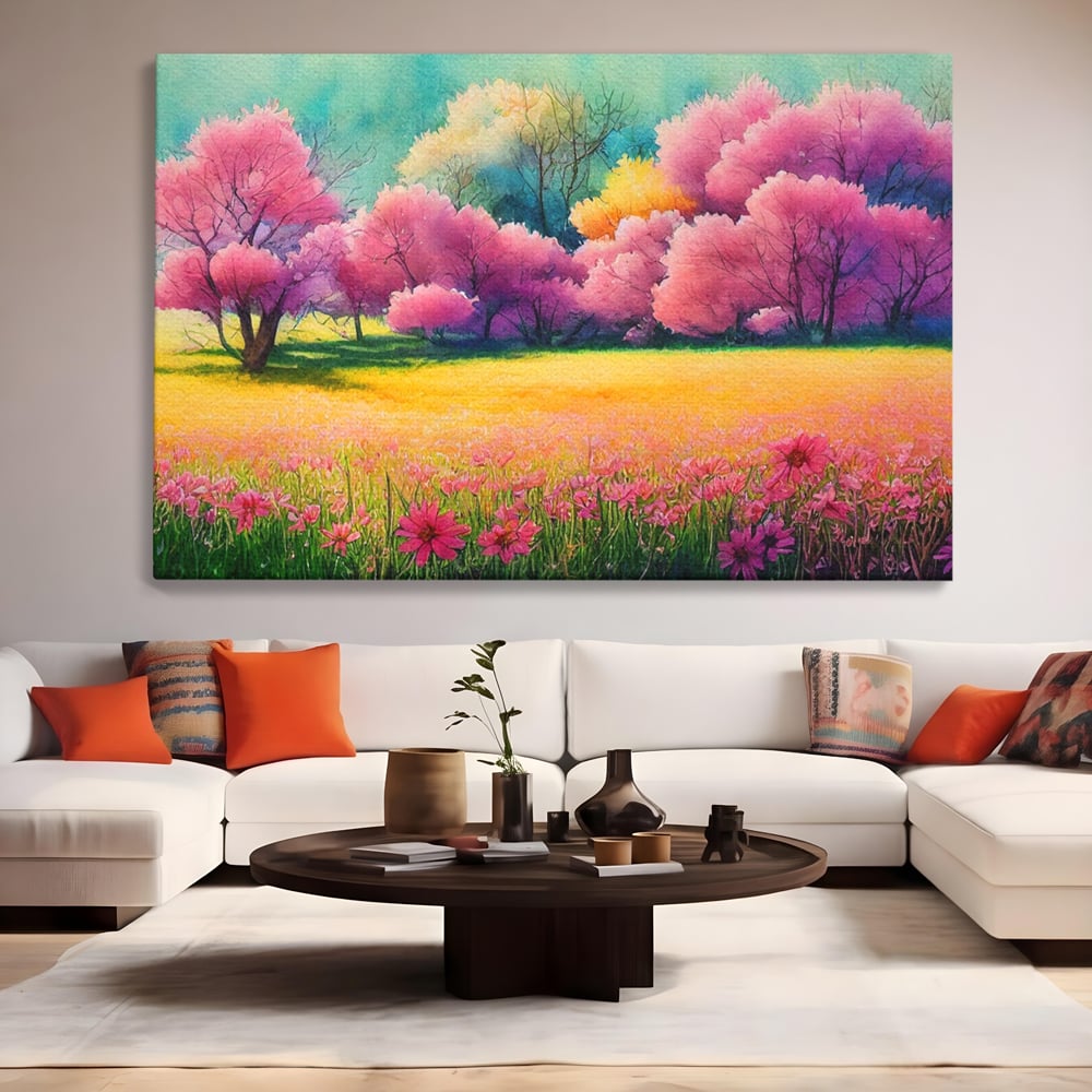 Tablou Canvas Premium LuxCanva® A1277, Copaci Roz, Living, Flori, Campie, Arbori, Cer, Dormitor, Culori Vibrante
