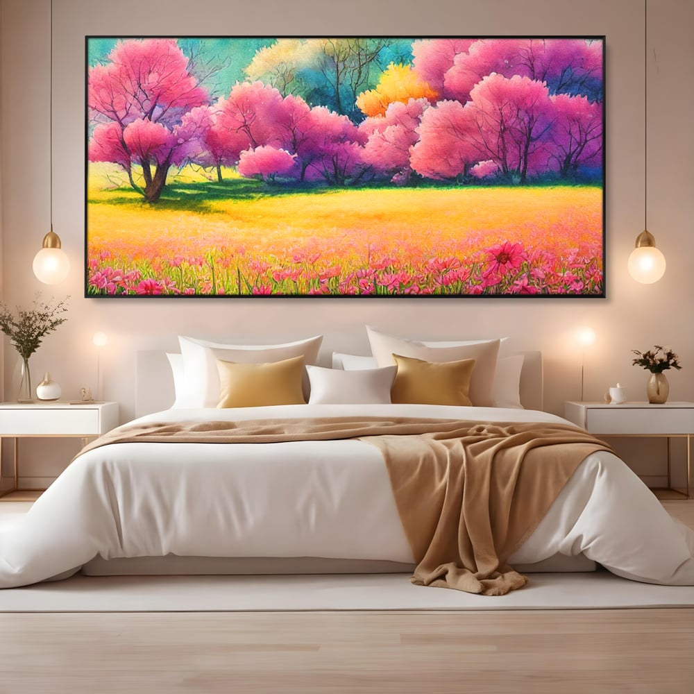 Tablou Canvas Premium LuxCanva® A1277, Copaci Roz, Living, Flori, Campie, Arbori, Cer, Dormitor, Culori Vibrante