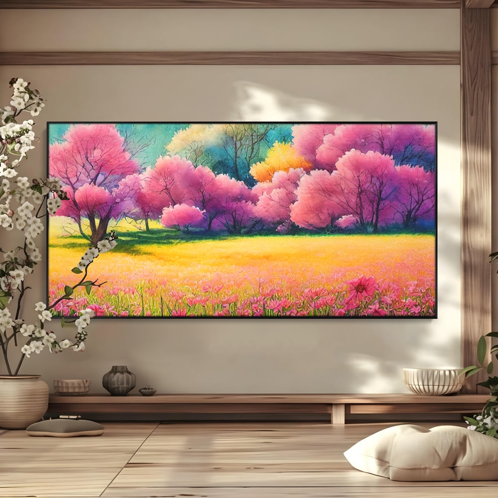 Tablou Canvas Premium LuxCanva® A1277, Copaci Roz, Living, Flori, Campie, Arbori, Cer, Dormitor, Culori Vibrante