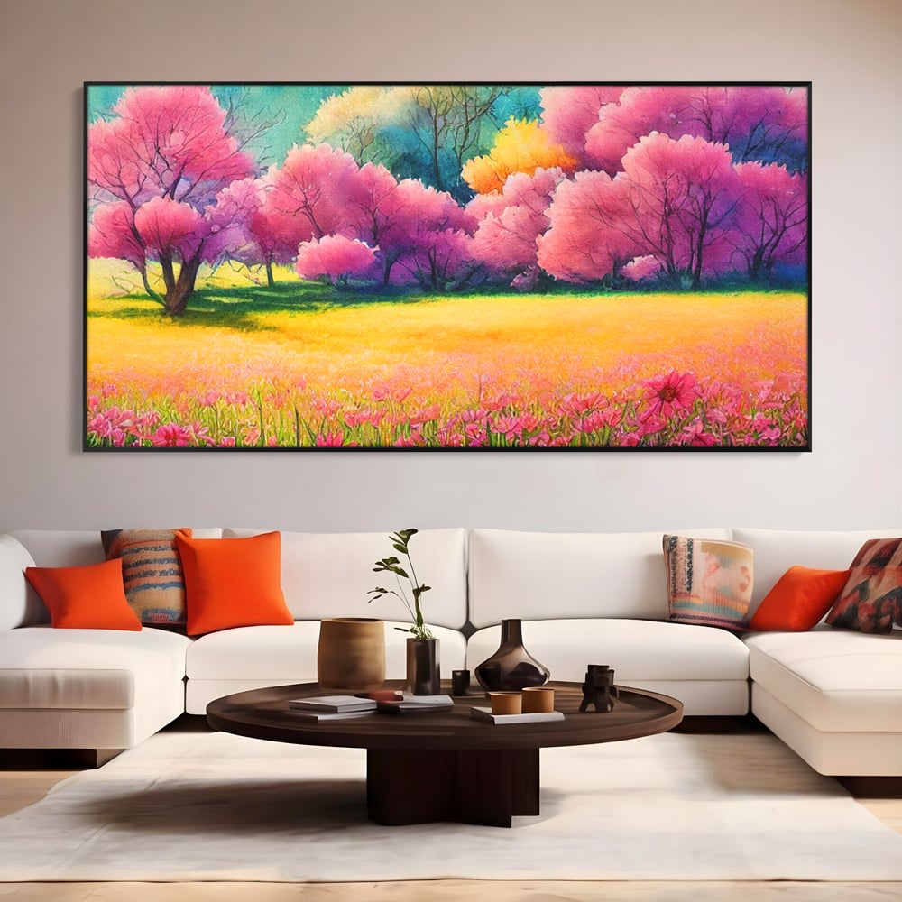 Tablou Canvas Premium LuxCanva® A1277, Copaci Roz, Living, Flori, Campie, Arbori, Cer, Dormitor, Culori Vibrante