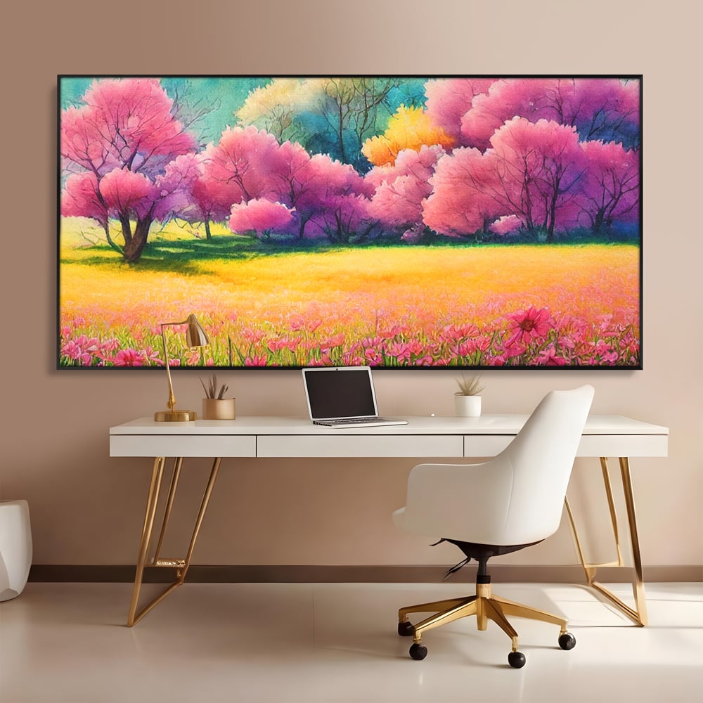 Tablou Canvas Premium LuxCanva® A1277, Copaci Roz, Living, Flori, Campie, Arbori, Cer, Dormitor, Culori Vibrante