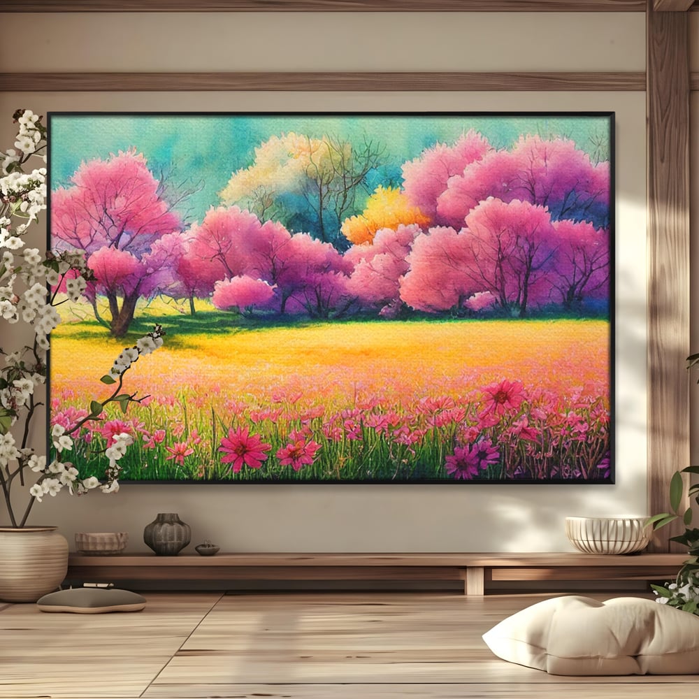 Tablou Canvas Premium LuxCanva® A1277, Copaci Roz, Living, Flori, Campie, Arbori, Cer, Dormitor, Culori Vibrante