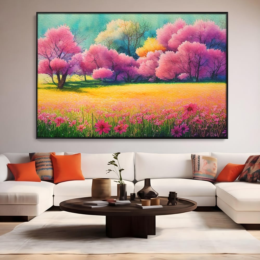 Tablou Canvas Premium LuxCanva® A1277, Copaci Roz, Living, Flori, Campie, Arbori, Cer, Dormitor, Culori Vibrante