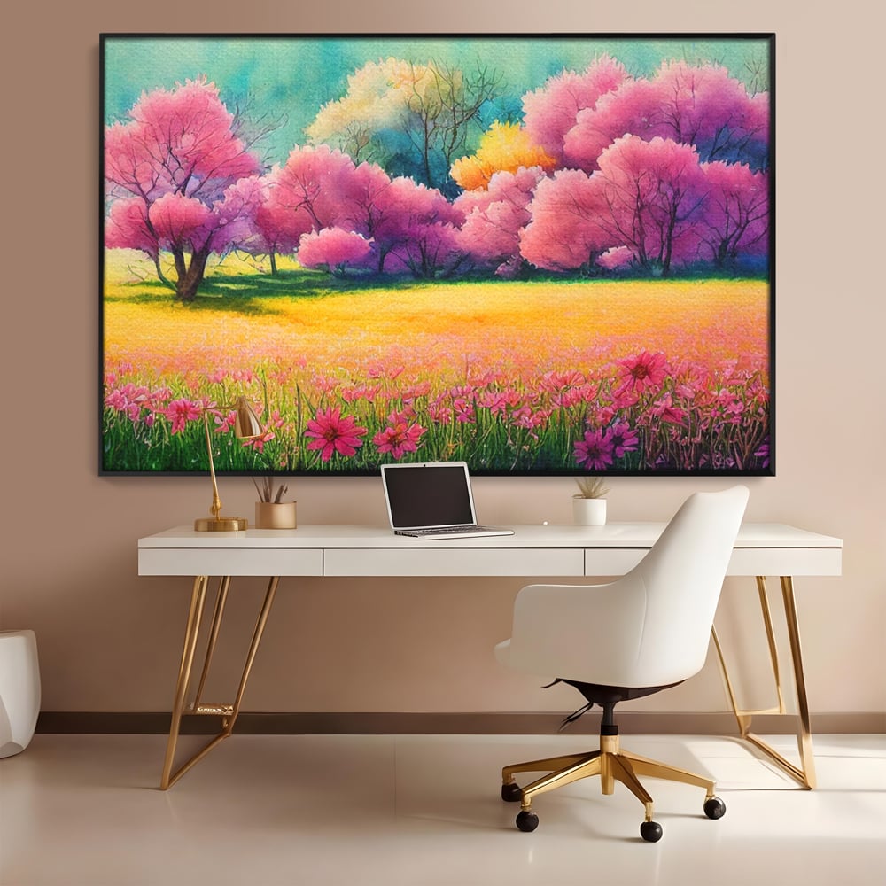 Tablou Canvas Premium LuxCanva® A1277, Copaci Roz, Living, Flori, Campie, Arbori, Cer, Dormitor, Culori Vibrante