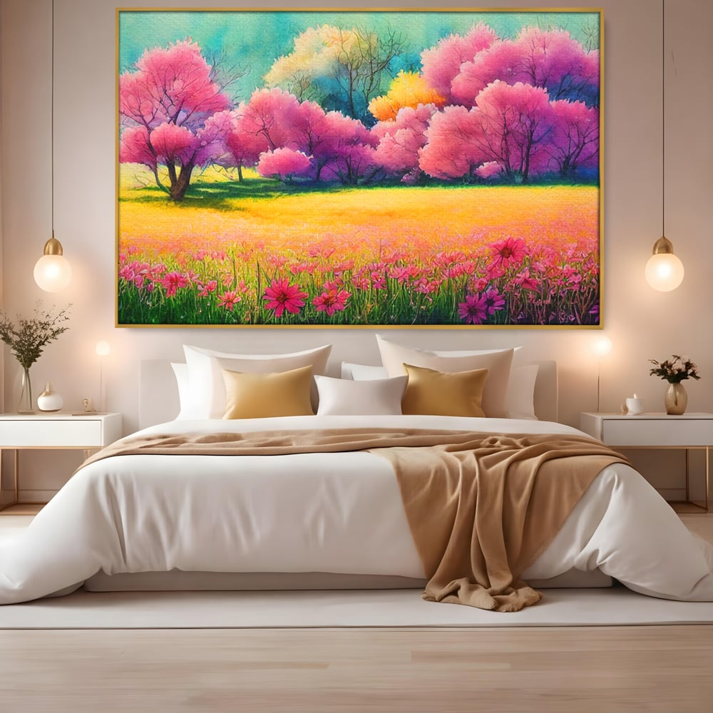 Tablou Canvas Premium LuxCanva® A1277, Copaci Roz, Living, Flori, Campie, Arbori, Cer, Dormitor, Culori Vibrante