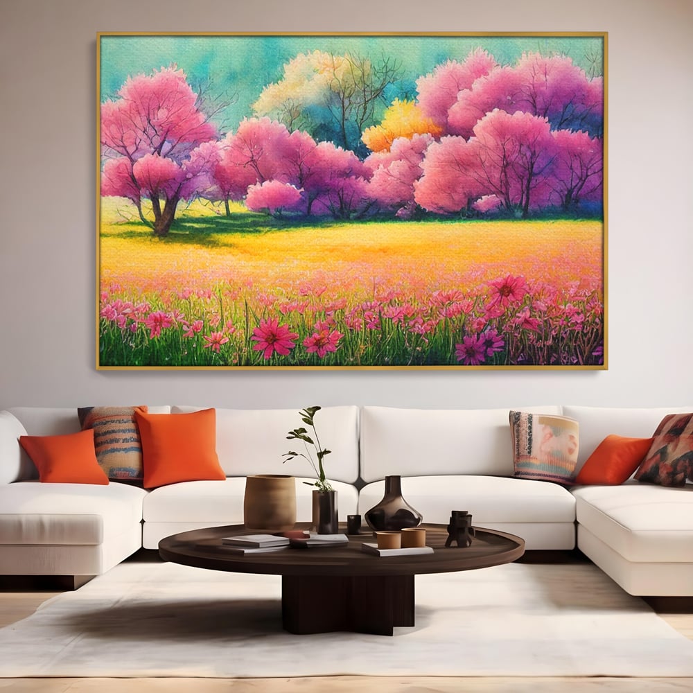 Tablou Canvas Premium LuxCanva® A1277, Copaci Roz, Living, Flori, Campie, Arbori, Cer, Dormitor, Culori Vibrante