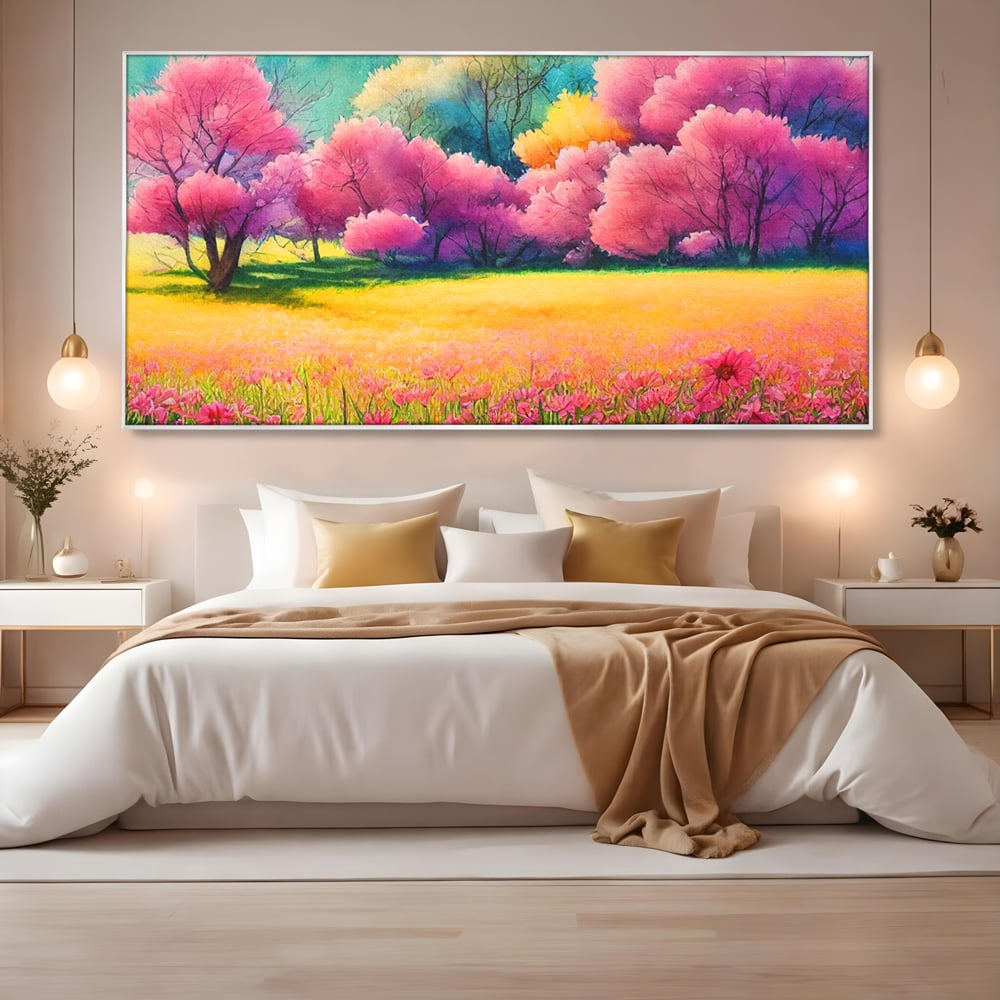 Tablou Canvas Premium LuxCanva® A1277, Copaci Roz, Living, Flori, Campie, Arbori, Cer, Dormitor, Culori Vibrante