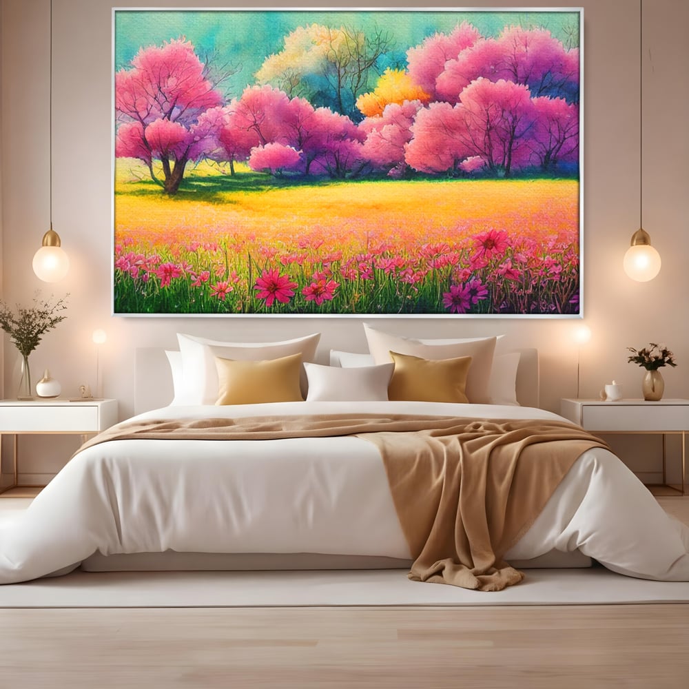 Tablou Canvas Premium LuxCanva® A1277, Copaci Roz, Living, Flori, Campie, Arbori, Cer, Dormitor, Culori Vibrante