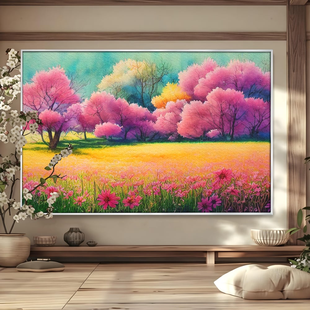 Tablou Canvas Premium LuxCanva® A1277, Copaci Roz, Living, Flori, Campie, Arbori, Cer, Dormitor, Culori Vibrante