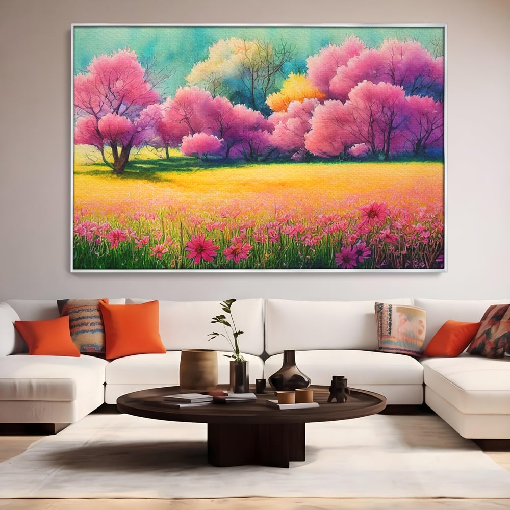 Tablou Canvas Premium LuxCanva® A1277, Copaci Roz, Living, Flori, Campie, Arbori, Cer, Dormitor, Culori Vibrante