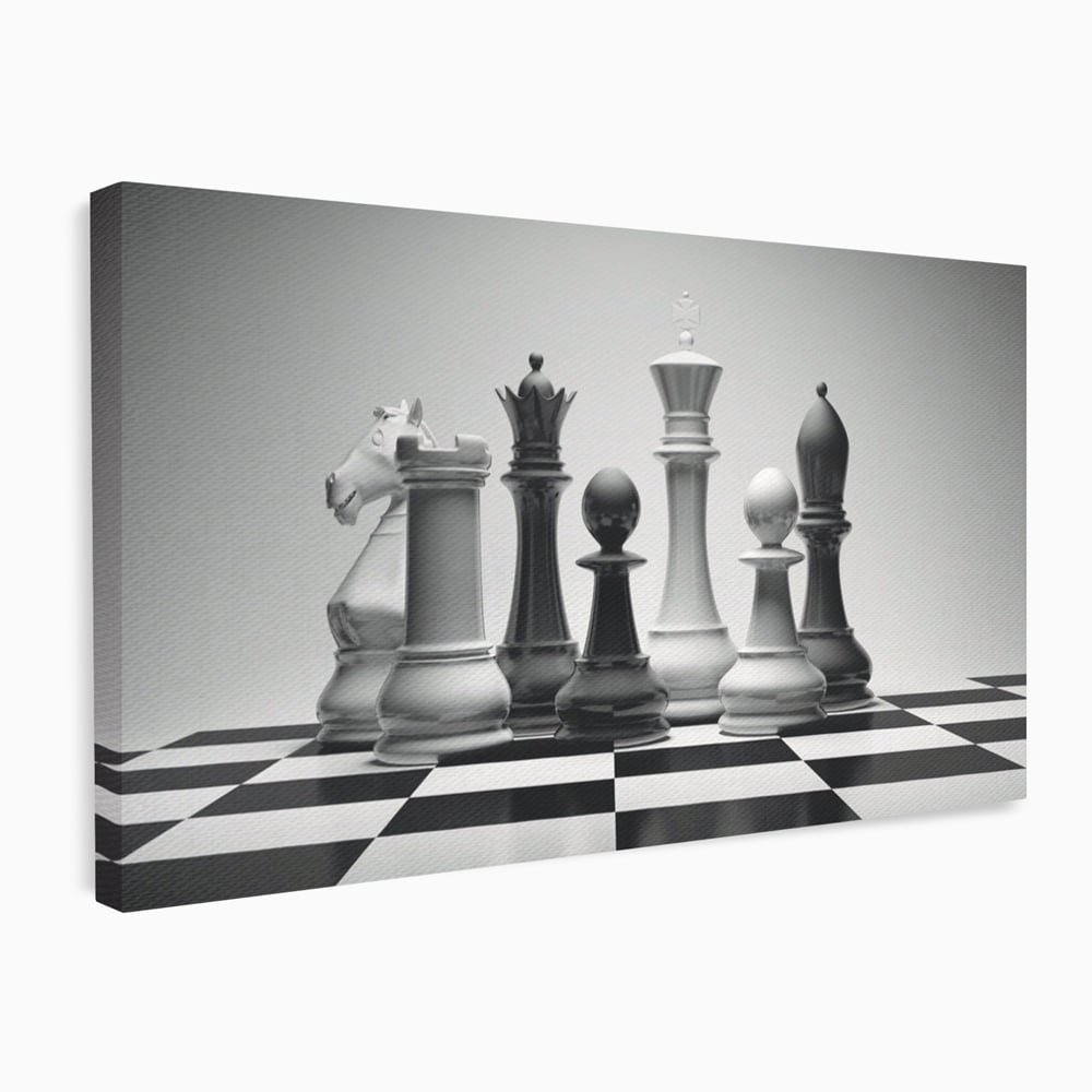 Tablou Canvas Premium LuxCanva® A1278, Tabla De Sah, Living, Piese De Sah, Regina, Rege, Birou, Alb-Negru