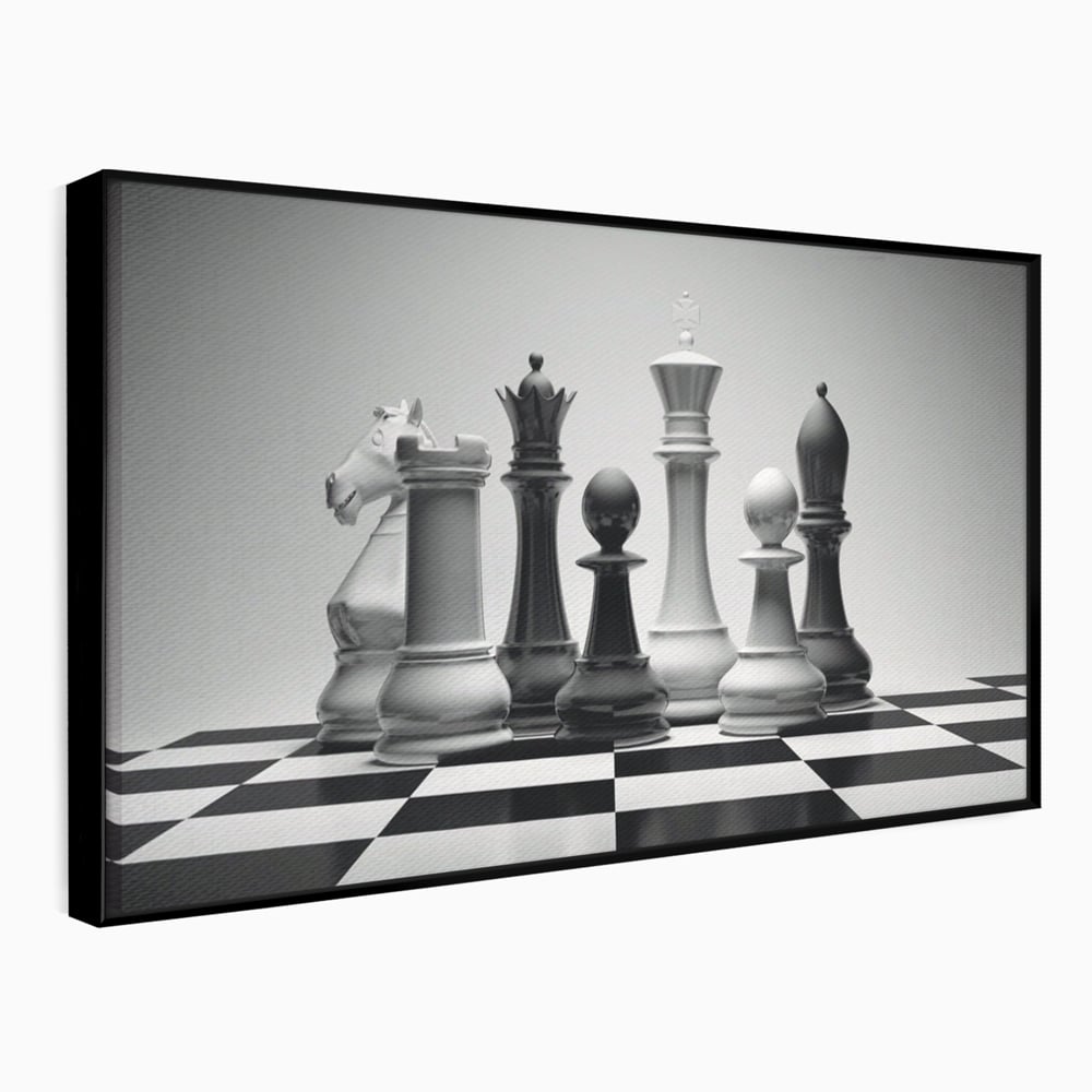 Tablou Canvas Premium LuxCanva® A1278, Tabla De Sah, Living, Piese De Sah, Regina, Rege, Birou, Alb-Negru