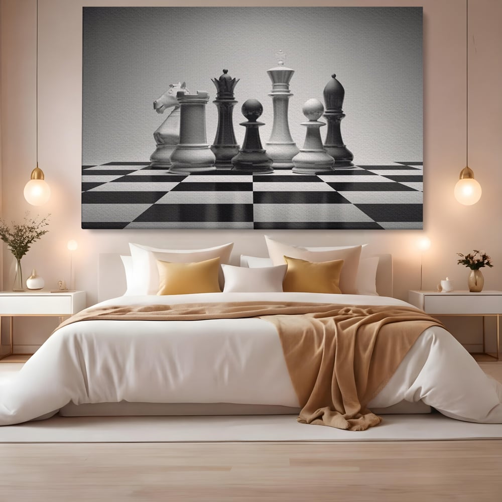 Tablou Canvas Premium LuxCanva® A1278, Tabla De Sah, Living, Piese De Sah, Regina, Rege, Birou, Alb-Negru