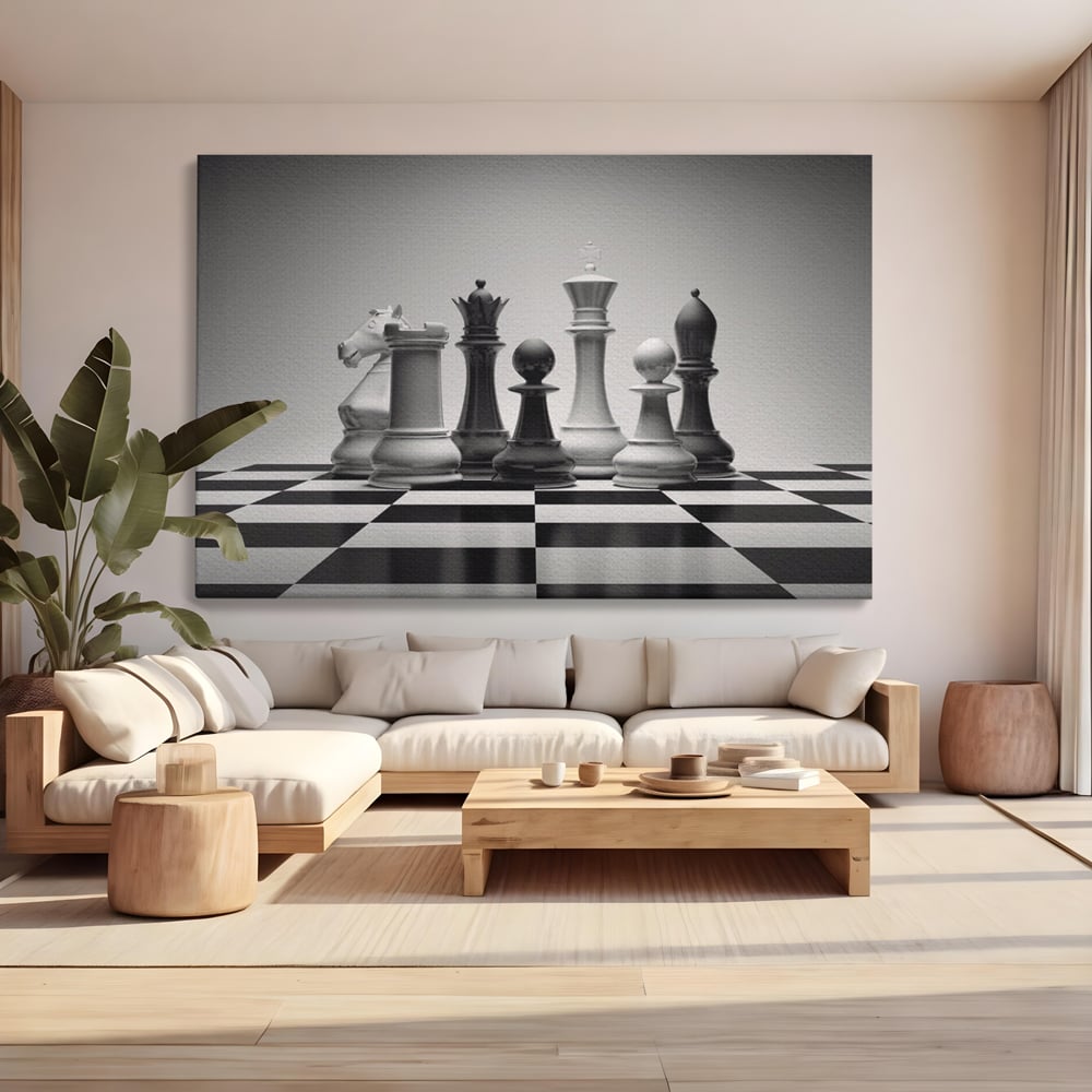 Tablou Canvas Premium LuxCanva® A1278, Tabla De Sah, Living, Piese De Sah, Regina, Rege, Birou, Alb-Negru