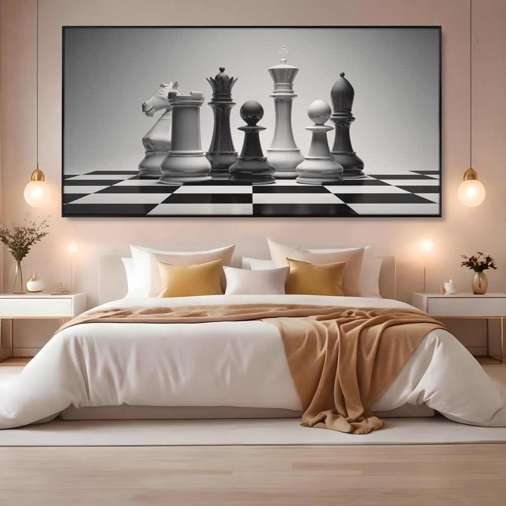 Tablou Canvas Premium LuxCanva® A1278, Tabla De Sah, Living, Piese De Sah, Regina, Rege, Birou, Alb-Negru