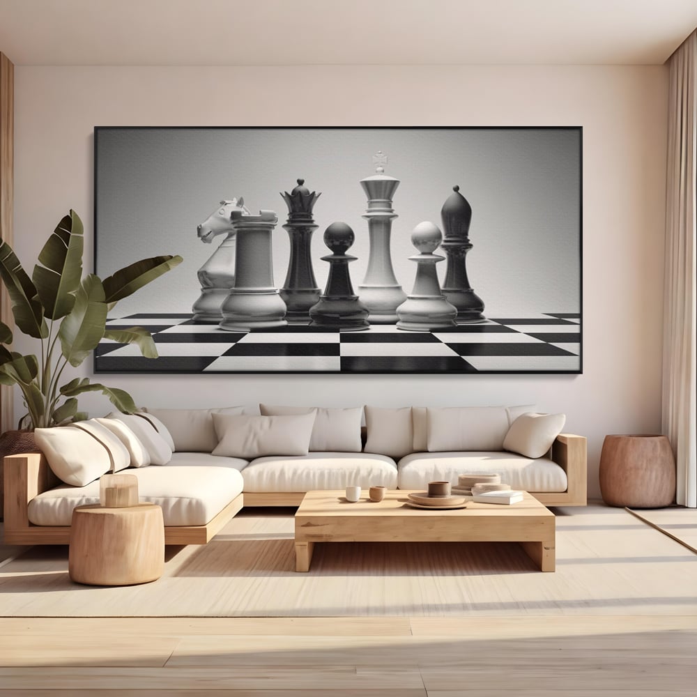 Tablou Canvas Premium LuxCanva® A1278, Tabla De Sah, Living, Piese De Sah, Regina, Rege, Birou, Alb-Negru
