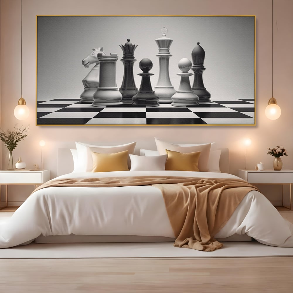 Tablou Canvas Premium LuxCanva® A1278, Tabla De Sah, Living, Piese De Sah, Regina, Rege, Birou, Alb-Negru