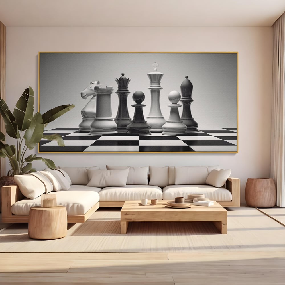 Tablou Canvas Premium LuxCanva® A1278, Tabla De Sah, Living, Piese De Sah, Regina, Rege, Birou, Alb-Negru