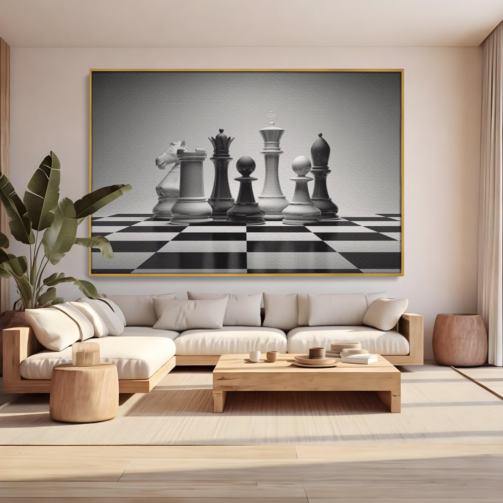 Tablou Canvas Premium LuxCanva® A1278, Tabla De Sah, Living, Piese De Sah, Regina, Rege, Birou, Alb-Negru