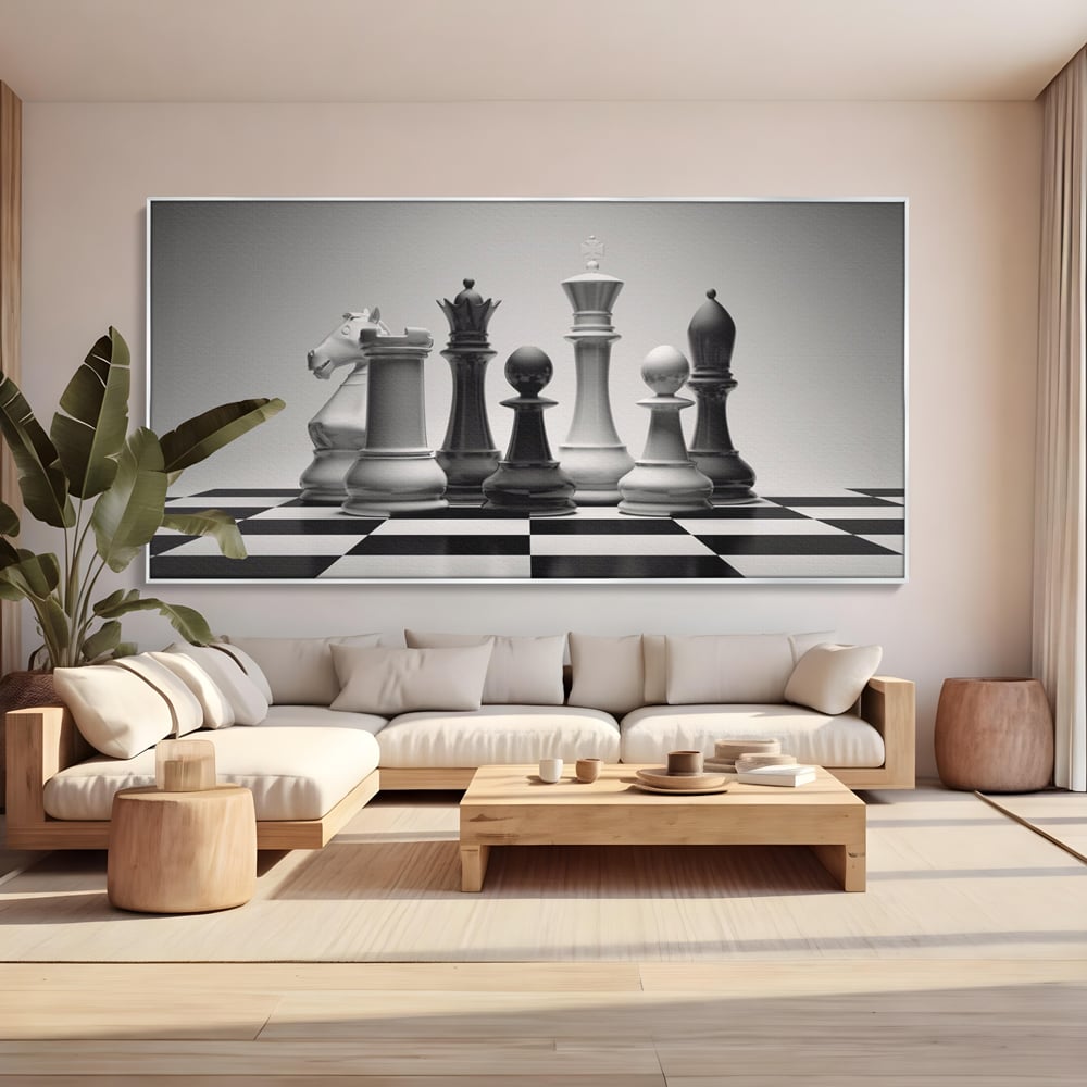 Tablou Canvas Premium LuxCanva® A1278, Tabla De Sah, Living, Piese De Sah, Regina, Rege, Birou, Alb-Negru