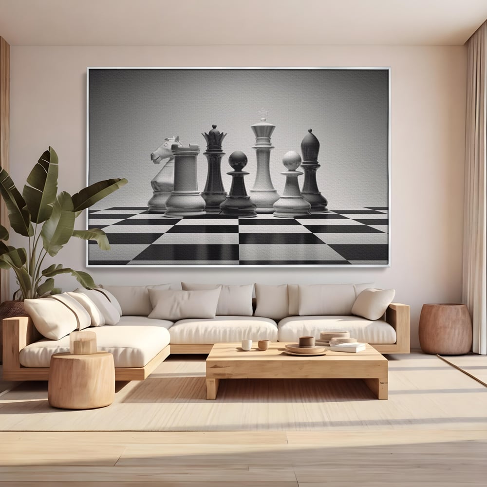Tablou Canvas Premium LuxCanva® A1278, Tabla De Sah, Living, Piese De Sah, Regina, Rege, Birou, Alb-Negru