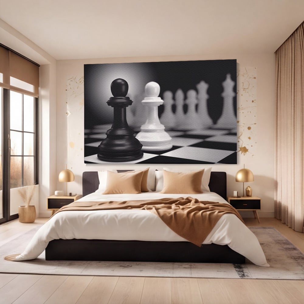 Tablou Canvas Premium LuxCanva® A1279, 2Pieces, Living, Piese Sah, Pioni, Echipa, Birou, Alb-Negru