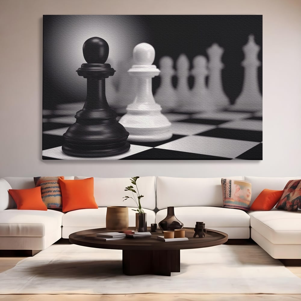 Tablou Canvas Premium LuxCanva® A1279, 2Pieces, Living, Piese Sah, Pioni, Echipa, Birou, Alb-Negru