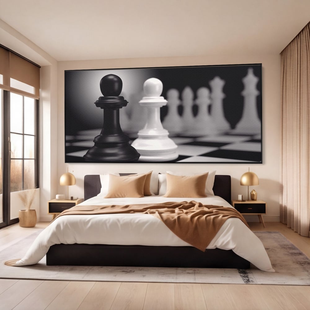 Tablou Canvas Premium LuxCanva® A1279, 2Pieces, Living, Piese Sah, Pioni, Echipa, Birou, Alb-Negru