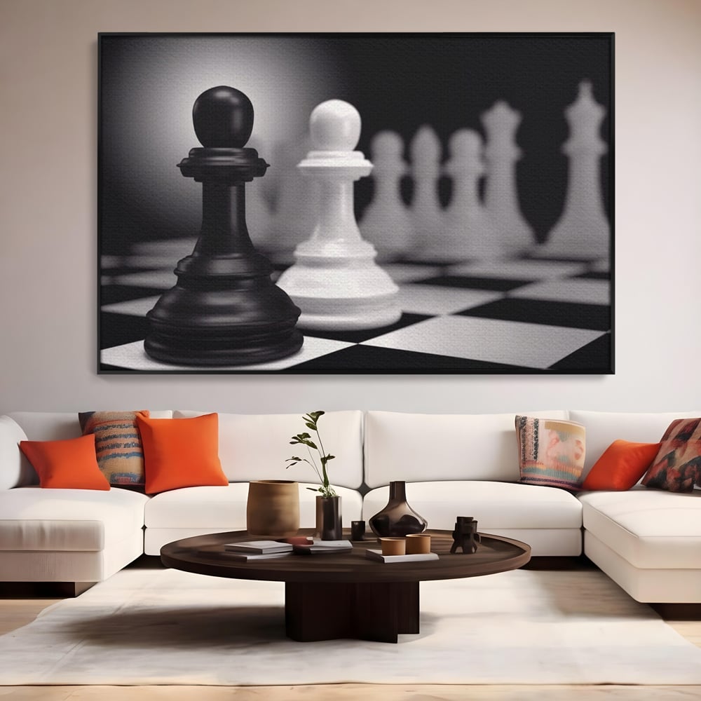 Tablou Canvas Premium LuxCanva® A1279, 2Pieces, Living, Piese Sah, Pioni, Echipa, Birou, Alb-Negru