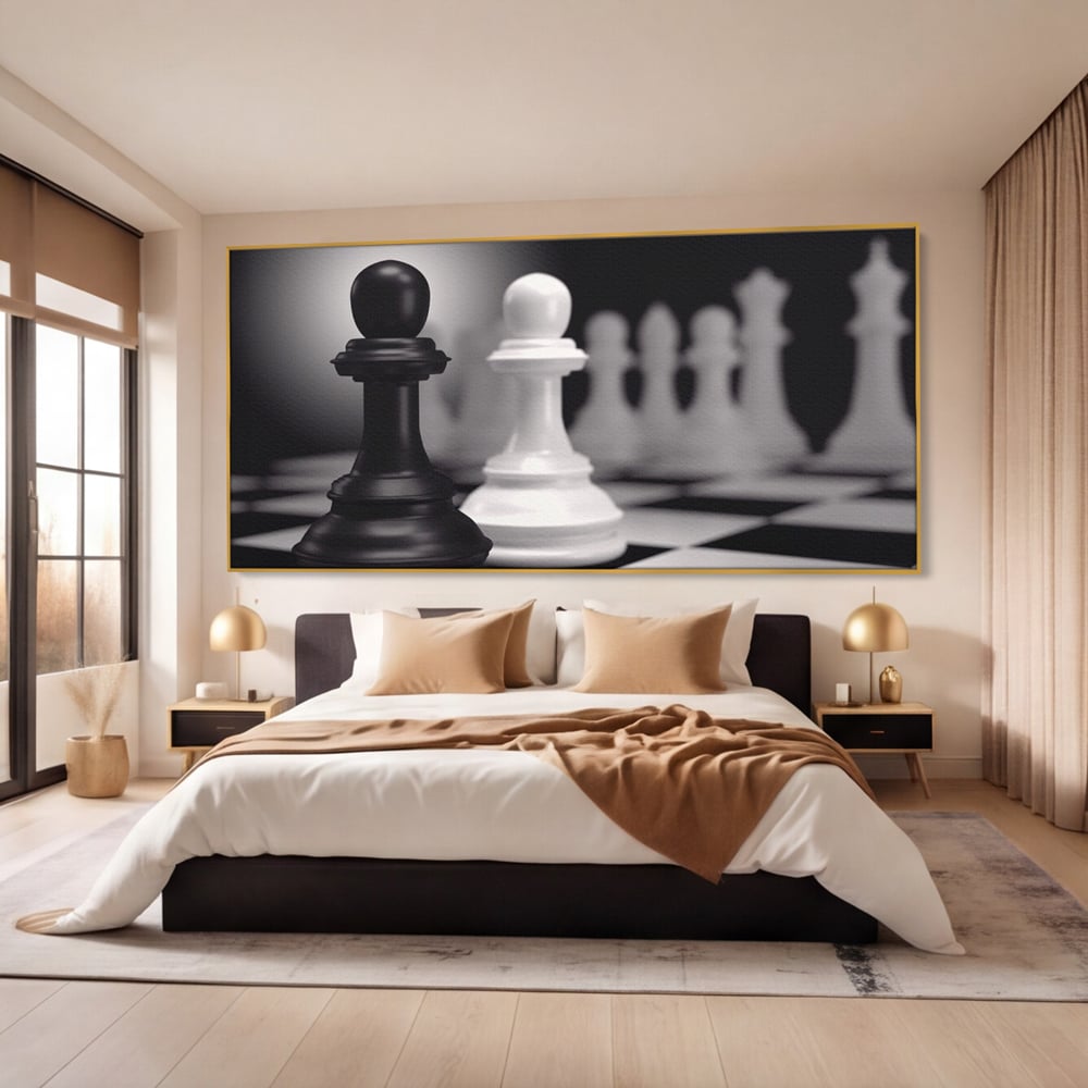 Tablou Canvas Premium LuxCanva® A1279, 2Pieces, Living, Piese Sah, Pioni, Echipa, Birou, Alb-Negru