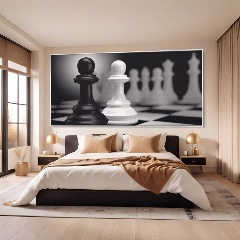 Tablou Canvas Premium LuxCanva® A1279, 2Pieces, Living, Piese Sah, Pioni, Echipa, Birou, Alb-Negru