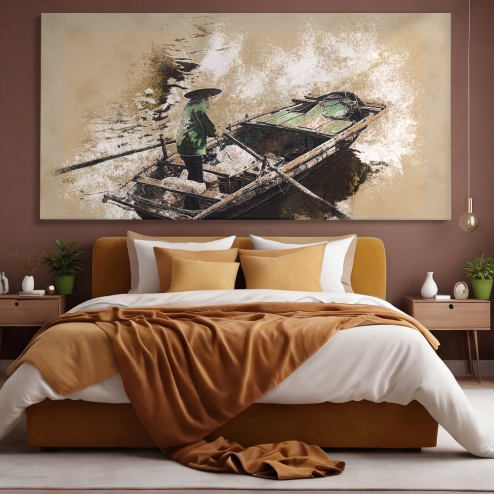 Tablou Canvas Premium LuxCanva® A1280, Pescarul, Living, Barca, Lac, Vasle, Culori Vibrante