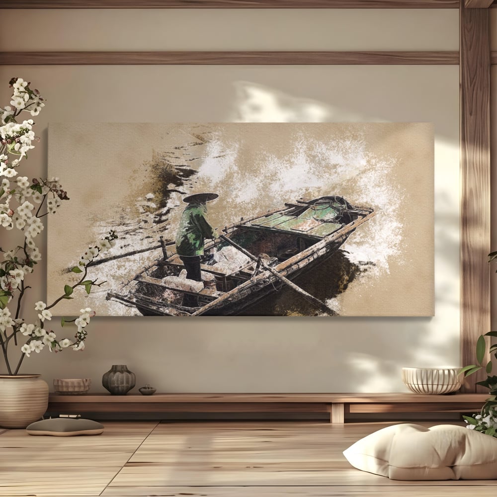 Tablou Canvas Premium LuxCanva® A1280, Pescarul, Living, Barca, Lac, Vasle, Culori Vibrante