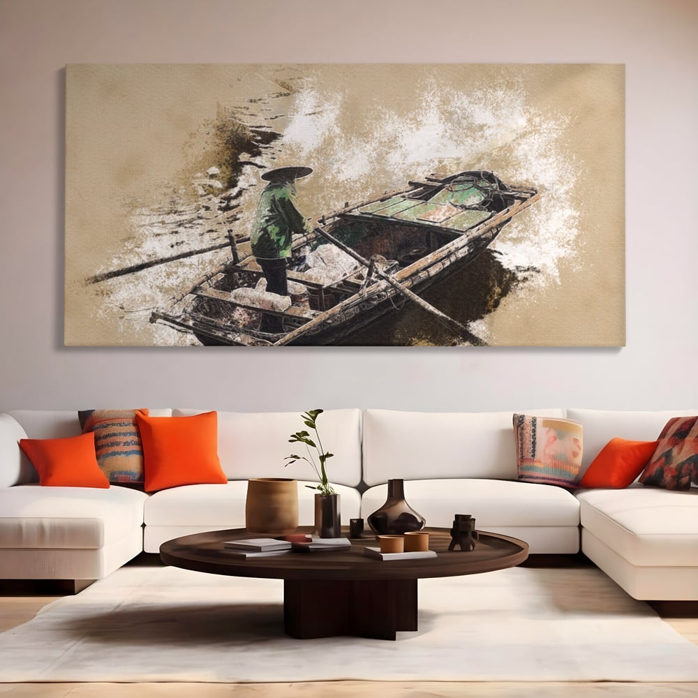 Tablou Canvas Premium LuxCanva® A1280, Pescarul, Living, Barca, Lac, Vasle, Culori Vibrante