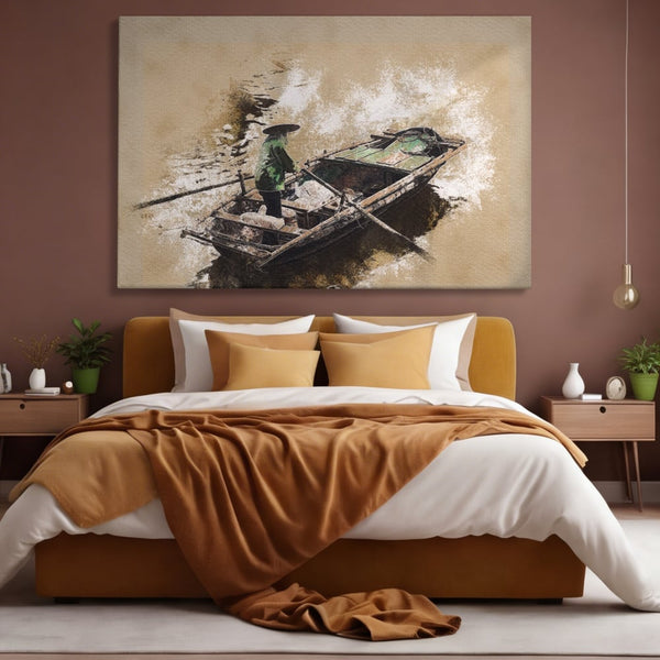 Tablou Canvas Premium LuxCanva® A1280, Pescarul, Living, Barca, Lac, Vasle, Culori Vibrante